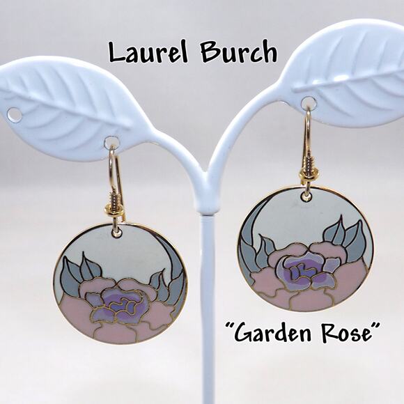 Laurel Burch "Garden Rose" Earrings, Cloisonné Gold Plated, 1980s - Picture 1 of 10